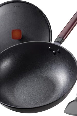Carbon Steel Wok -13 Inch Woks & Stir-fry Pans Nonstick, Wok Pan with Lid Spatula and Dish Brush: Pre-Seasoned Flat Bottom Chinese Woks for Induction, Electric, Gas, All Stoves