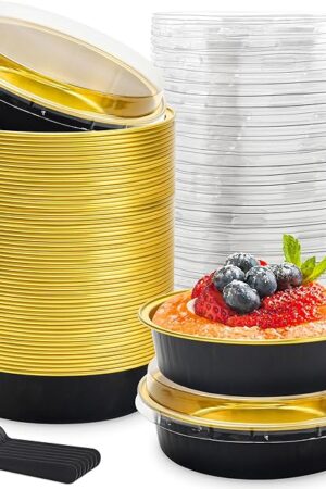 8 OZ Mini Cake Pans Disposable Ramekins with Lids Round Aluminum Mini Foil Cake Tins Baking Pans for Party Wedding Pudding (Black Gold, 25 Pack)