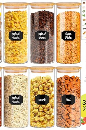 32 oz 8 Pcs Glass Jars with Bamboo Lids, Stackable Clear Food Storage Jars, Airtight Kichen Glass Pantry Storage Containers with Lids for Rice, Candy, Sugar, Flour, Nuts, Cookie, Coffee Bean