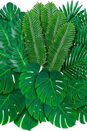 108 Pack Palm Leaves Artificial Tropical Monstera - 6 Kinds Large Small Green Fake Palm Leaf with Stems for Safari Jungle Hawaiian Luau Party Table Decoration Wedding Birthday Theme Party Decorations