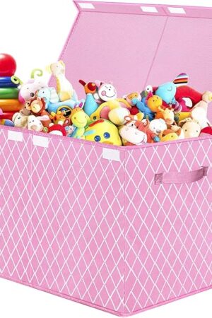 VERONLY Toy Box Chest Organizer Bins for Girls Boys, Kids Large Fabric Collapsible Storage Basket Container with Flip-Top Lid & Handles for Clothes,Blanket,Nursery,Playroom,Bedroom (Pink)