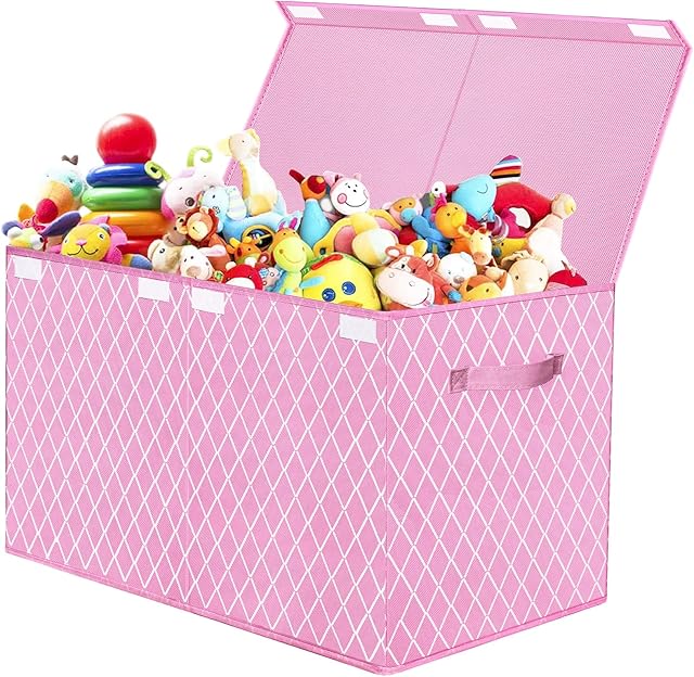 VERONLY Toy Box Chest Organizer Bins for Girls Boys, Kids Large Fabric Collapsible Storage Basket Container with Flip-Top Lid & Handles for Clothes,Blanket,Nursery,Playroom,Bedroom (Pink)