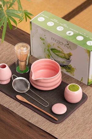 6 Pcs Matcha Set - Ceramic Bowl with Spout, Matcha Whisk with Holder, Tea Powder Canister, Sifter and Spoon, Complete Kit for Traditional Matcha, Modern Lattes, and Tea Ceremonies (Pink)
