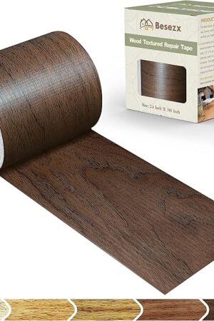 Besezx Wood Grain Repair Tape, 2.4" X180'', Self Adhesive Wood Grain Repair Patch for Tables, Chairs, Baseboards, Doors, Windows, Floors, All Kinds of Furniture Renovation, Handicraft DIY. (Dark oak)