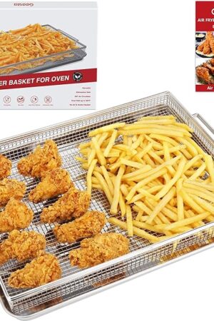 Air Fryer Basket for Oven with 50 Recipes, Extra Large 2 Piece Nonstick Crisper Tray & Basket, Stainless Steel Air Fryer Accessories for Crispy Foods Healthy Cooking, Dishwasher Safe, 16.5? x 12.5?