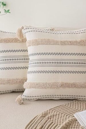 Boho Throw Pillow Covers 18x18 Set of 2 Woven Tufted Farmhouse Pillows Cover with Tassels Textured Striped Cushion Case Neutral Pillow Cases Decorative Pillowcase for Sofa, Couch, Bed, Khaki
