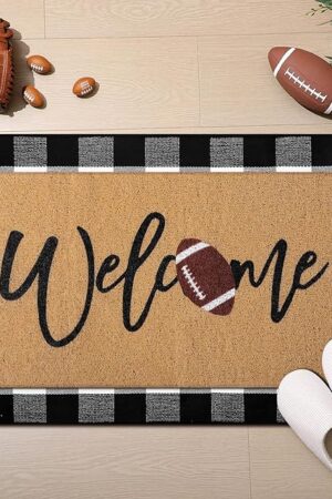 2 Pcs Football Door Mat Welcome Non Slip Coir Mats Funny Black White Buffalo Plaid Floor Layering Doormats Seasonal for Front Porch Entryway Decor(Football)