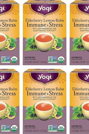 Yogi Tea Elderberry Lemon Balm Immune & Stress Tea - 16 Tea Bags per Pack (6 Packs) - Organic Immune Support Tea - Includes Ashwagandha Root, Lemon Balm Leaf, Lemongrass, Licorice Root & More.