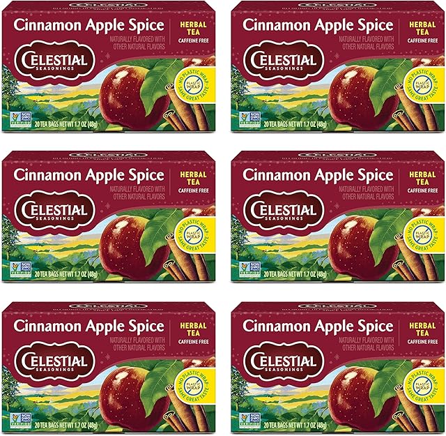 Celestial Seasonings Cinnamon Apple Spice Herbal Tea, Pack of 6 | Caffeine Free | 20 Tea Bags Box