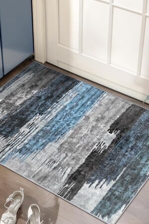 Ciicool Modern Abstract Area Rug 2x3 Washable Small Entryway Rug, Non-Slip Low Pile Throw Rug, Foldable Kitchen Bathroom Rugs, Blue Grey Floor Carpet for Entrance Living Room Bedroom Indoor Doormat