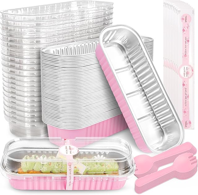 50 PACK Mini Cake Pans with Lids and Spoons,Rectangular Aluminum Foil Bread Pan,Mini Loaf Pans and Food Containers with Lids(Pink,6.8oz)