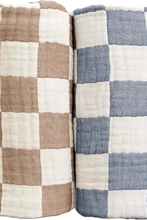 Checkered Muslin Baby Blanket Pack of 2 Cotton 42 x 42 inches Blue and Coffee