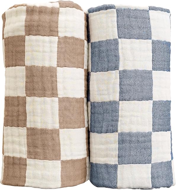 Checkered Muslin Baby Blanket Pack of 2 Cotton 42 x 42 inches Blue and Coffee
