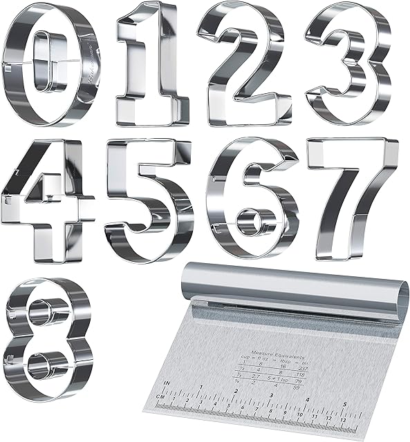 Bakerpan Stainless Steel Number Cookie Cutter Shapes, Set of 9 Large 3.5 Inch Numbers with Bonus Dough Cutter