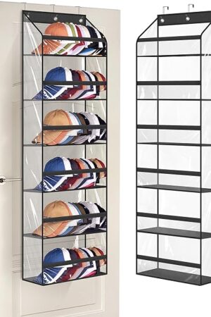 AOODA Clear Over The Door Hat Racks for Baseball Caps, Large Holds up to 72 Caps Hat Storage Organizer for Closet Wall, Deep Pockets Hanging Hat Holder with 3 Hooks, Black