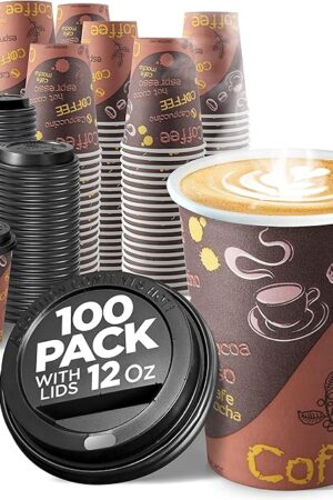Disposable Coffee Cups with Lids 12 oz (100 Pack) - To Go Paper Coffee Cups for Hot & Cold Beverages, Tea, Hot Chocolate, Water, Juice, Eco Friendly