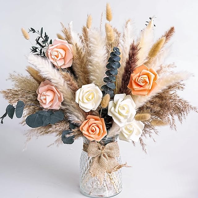 Dried Flower Bouquet | Pampas Grass Decor | Floral Arrangements for Home & Wedding | Boho, Rustic, and Modern Decorations (Without vase)