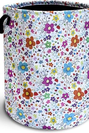 Colorful Artistic Flowers Laundry Basket Floral Foldable Oxford Cloth Funny Tote Bag Laundry Hamper Clothes Storage Bucket Toy Organizer For Bathroom/Laundry Storage/Bedroom 18.9x16.5 Inch