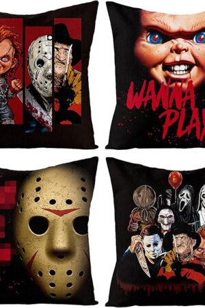 4Pcs Horror Classic Movie Characters Pillow Covers, 18 x 18 Inch Halloween Throw Pillow Case Linen Decorative Square Cushion Covers for Horror Theme Party Decor Birthday Gift