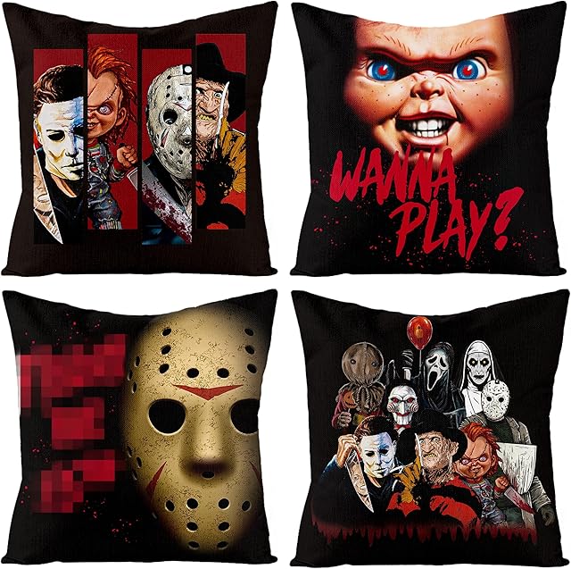 4Pcs Horror Classic Movie Characters Pillow Covers, 18 x 18 Inch Halloween Throw Pillow Case Linen Decorative Square Cushion Covers for Horror Theme Party Decor Birthday Gift