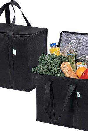 VENO 2 Pack Cooler Bags - Insulated for Food Delivery, Collapsible and Reusable Shopping Bags with Zipper, Foldable, Heavy-Duty, Stands Upright - Ideal for Groceries (Black, 2 Pack)