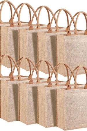 10 Pack Reusable Jute Tote Bags with Handles, 15.1X11.8X5.5 Inch Large Natural Blank Burlap Tote for Grocery Shopping, Weddings, Travel, Bachelorette Parties & DIY Embroidery Crafts