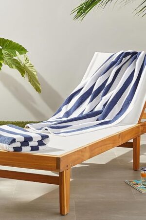Amazon Basics 100% Cotton Terry Absorbent Cabana Stripe Pool & Beach Towels, Soft, Large, and Thick, 2-Pack, Navy Blue, 30 in x 60 in
