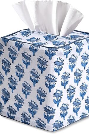 CPC Apatite Blue Hand Block Printed Cotton Tissue Box Cover 5" x 5" x 5.5" Square Soft Reusable Boho Napkin Holder for Home Kitchen Dining Bathroom Office Cafe Spa Summer Thanksgiving