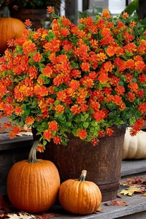 Artificial Fall Flowers Outdoor Fake Mums - 12 Bundles Fake Plants UV Resistant No Fade Faux Plastic Greenery Garden Porch Patio Fall Home Decor (Red Orange)