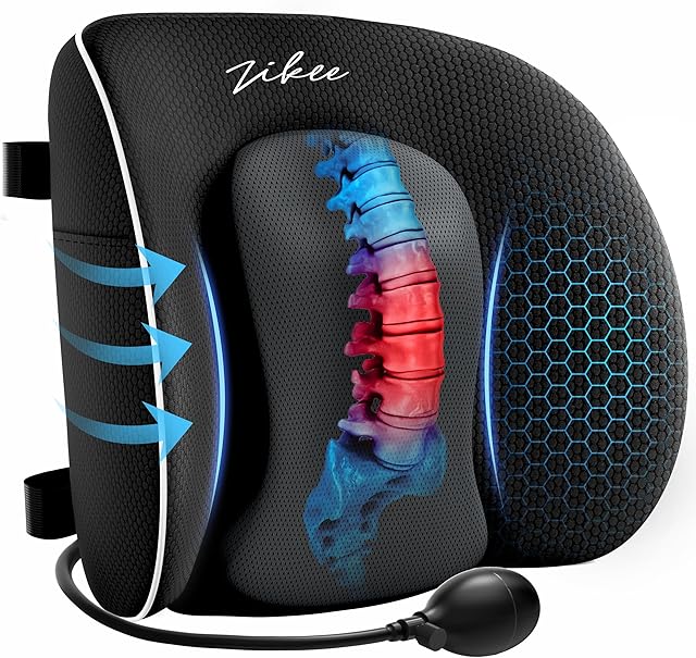 ZIKEE Lumbar Support Pillow for Office Chair and Car Seat with Aribag Design, Adjustable Back Support Lumbar Pillow with Memory Foam for Lower Back Pain Relief & Improved Posture, Dual-Strap Design