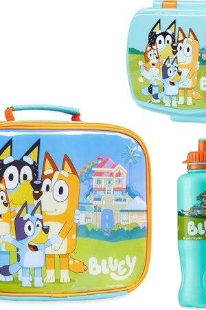Bluey Lunch Box 3 Piece Set with Insulated Lunch Bag Snack Box BPA Free 430ml Water Bottle - for Preschool Nursery Travel or Day Trips - Kids Lunch Box Set