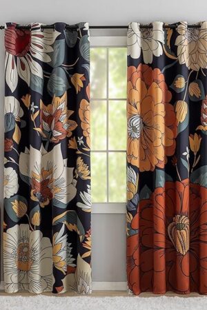 Black Boho Floral 100% Blackout Curtains for Bedroom 84 inch Long 2 Panels Mid Century Botanical Black Out Curtains for Living Room Grommet Thermal Insulated Room Darkening Window Drapes,52Wx84L