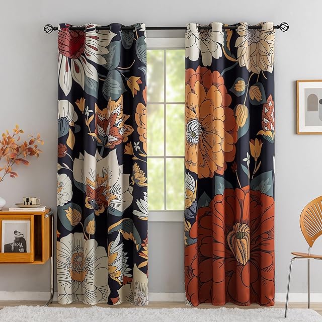 Black Boho Floral 100% Blackout Curtains for Bedroom 84 inch Long 2 Panels Mid Century Botanical Black Out Curtains for Living Room Grommet Thermal Insulated Room Darkening Window Drapes,52Wx84L