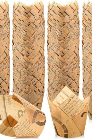 Yungyan 400 Pieces Tulip Cupcake Liners Newspaper Print Paper Cupcake Greaseproof Muffin Liners Grease Resistant Wrappers for Weddings Birthday Baby Showers Festival Party Supplies(Brown)