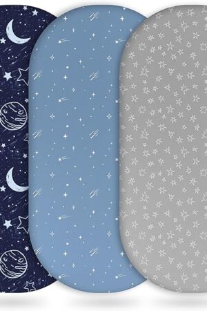 Baby Bassinet Sheets, Fitted Bassinet Sheet Set 3 Pack Blue Gray Planet