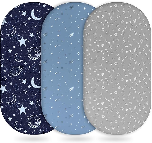 Baby Bassinet Sheets, Fitted Bassinet Sheet Set 3 Pack Blue Gray Planet