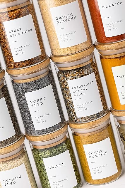 Empty Spice Jars with Label Pack (12x Bamboo Lid Glass Jar). Small 6oz Spice Storage Bottles with 112 Printed Stickers and 48 Writable Pantry Labels for Seasoning Containers