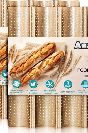 Anaeat 2 Pack Nonstick Perforated French Bread Baking Pan, 15"X 13" Premium Toast Mold for 4 Loaves Baguettes, French & Italian Bread Trays for Baking Loaf Bread, Ventilation & Heat Resistant (Gloden)