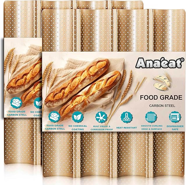 Anaeat 2 Pack Nonstick Perforated French Bread Baking Pan, 15"X 13" Premium Toast Mold for 4 Loaves Baguettes, French & Italian Bread Trays for Baking Loaf Bread, Ventilation & Heat Resistant (Gloden)