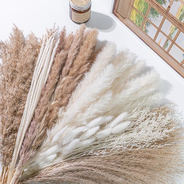 96PCS Natural Dried Pampas Grass Boho Home Decor Bouquet Phragmites Dried Flowers Bouquet for Wedding Floral Arrangements Home Decorations (96PCS)