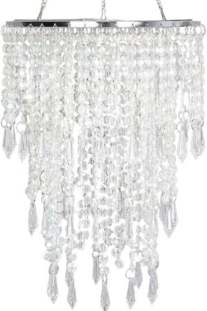 Acrylic Chandelier Shade, Ceiling Light Shade Beaded Pendant Lampshade with Crystal Beads and Chrome Frame for Bedroom, Wedding or Party Decoration, Diameter 8.7'' 3 Tiers