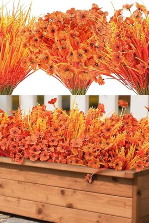 Der Rose 24 Bundles Fall Mums Artificial Flowers for Outdoor Fake Flowers Plants UV Resistant for Home Garden Porch Window Wedding Decor（Orange）
