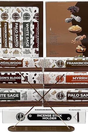 Woody Incense Sticks Variety Pack - 120 Insence-Sticks (6 Incents x 20 Insense) - White Sage Palo Santo Dragons Blood Sandalwood - Natural Inscents-Sticks Non Toxic Cleansing Incienso + Burner Holder