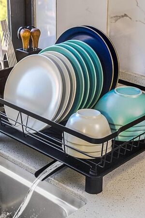 Dish Drying Rack for Kitchen Counter,Space-Saving Dish Rack with Drainboard,Rustproof Countertop Dish Drainer with Utensil Holder for Sink,Black