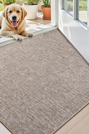 Color&Geometry Small Ultra Thin Indoor Door Mat (Rolled-up NO Creases) 17"x30", Non Slip Rubber Backed Dirt Trapper Door Mat Indoor Entrance, Low Profile Entryway Mat, Easy Clean, Light Brown Linen