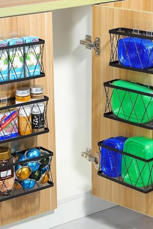 YIGII 6 Pack Cabinet Door Organizer, Wall Mounted Lid Organizer for Tupperware Kitchen RV Pantry Cabinet Storage and Organization, Heavy Duty Adhesive Wall Baskets Lid Holder Slim Stainless, Black