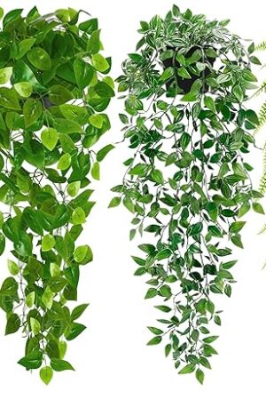 Artificial Hanging Plants for Shelf, 4 Pack Fake Potted Greenery Plant Faux Mandala Vine, String of Pearls, Ivy Vine,Persian Grass Fern in Pot for Desk Home Bathroom Farmhouse Room Table Decor