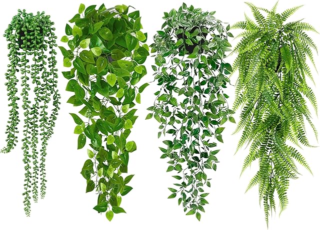 Artificial Hanging Plants for Shelf, 4 Pack Fake Potted Greenery Plant Faux Mandala Vine, String of Pearls, Ivy Vine,Persian Grass Fern in Pot for Desk Home Bathroom Farmhouse Room Table Decor