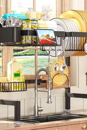 ADBIU Over The Sink Dish Drying Rack (Expandable Height and Length，22.6" - 35.5" L) Snap-On Design 2 Tier Large Dish Rack