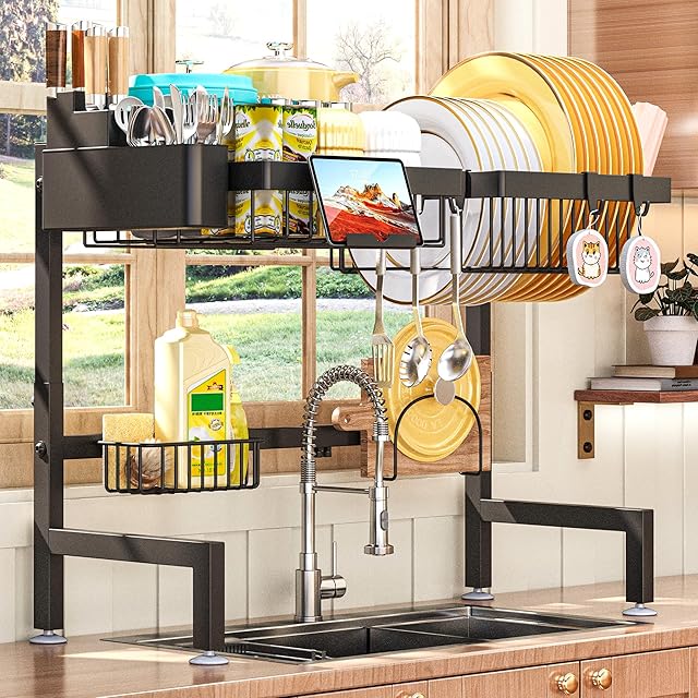 ADBIU Over The Sink Dish Drying Rack (Expandable Height and Length,22.6" - 35.5" L) Snap-On Design 2 Tier Large Dish Rack